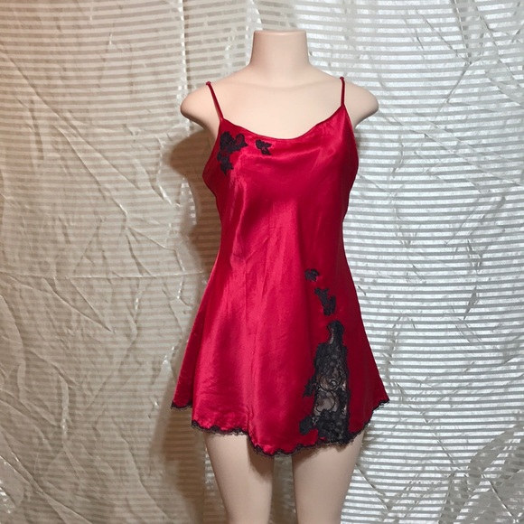 Victoria's Secret Other - VS Black Red Lace Silky Baby Doll Night Dress Slip